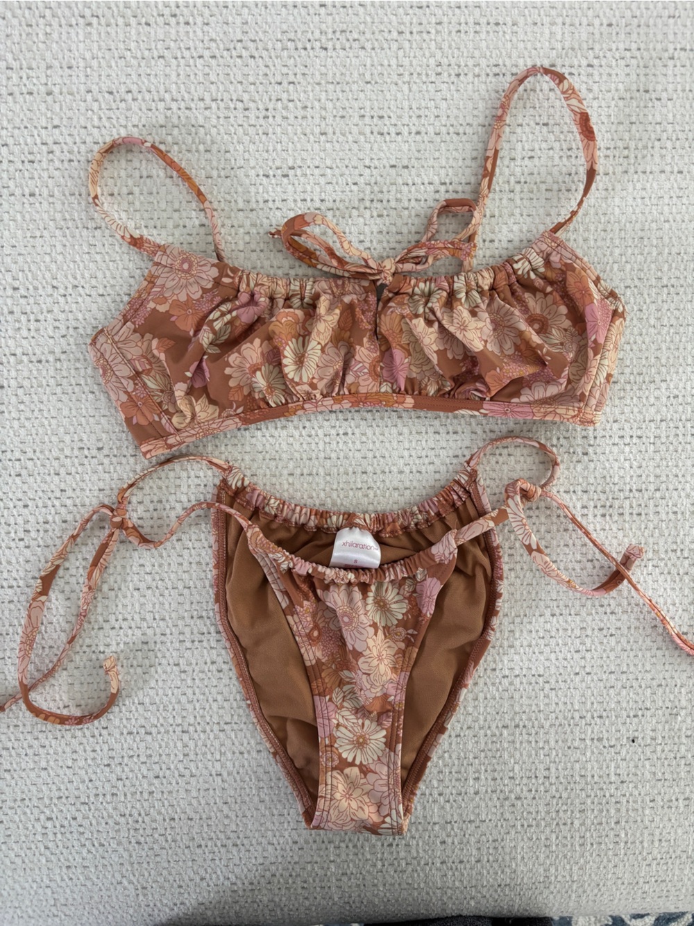 Floral Tie-Side Bikini Set - Brown/Pink, Bottoms Small, Top- Medium